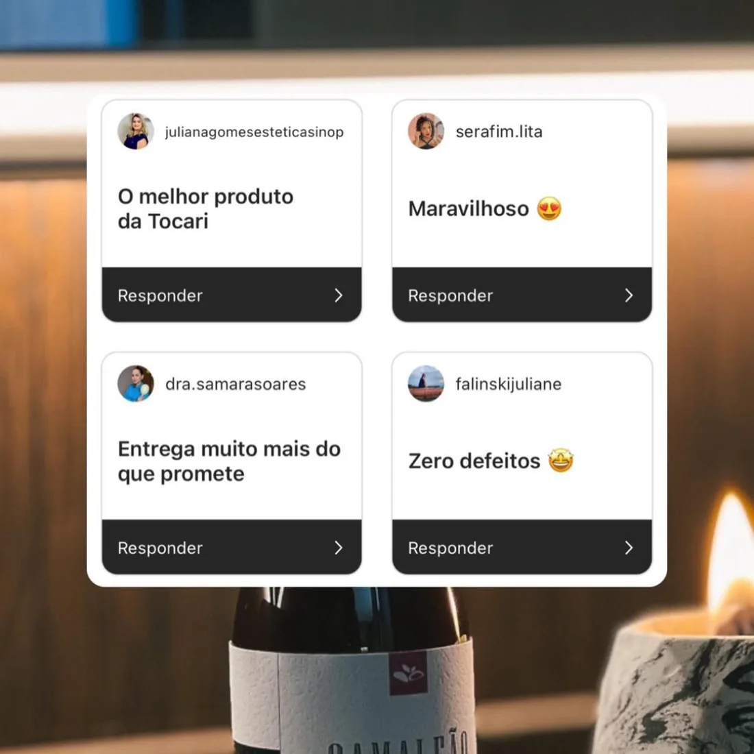 Quatro respostas de story no Instagram sobre o Camaleão: @julianagomesesteticasinop, “O melhor produto da Tocari”; @serafim.lita, “Maravilhoso”; @dra.samarasoares, “Entrega muito mais do que promete”; @falinskijuliane, “Zero defeitos”.