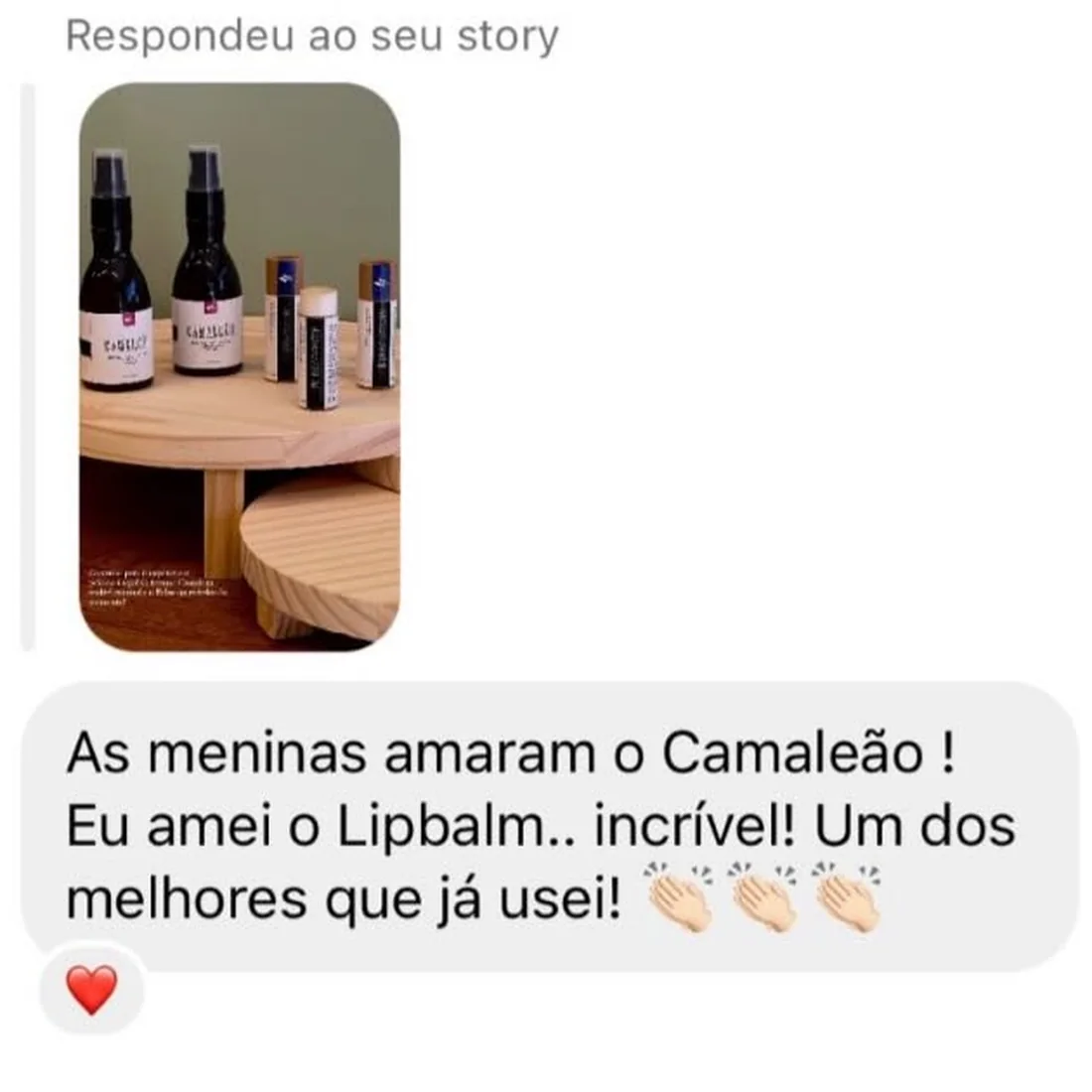 Resposta de story no Direct, sobre uma foto do Camaleão e dos Balms: “As meninas amaram o Camaleão! Eu amei o Lipbalm.. incrível! Um dos melhores que já usei!”.
