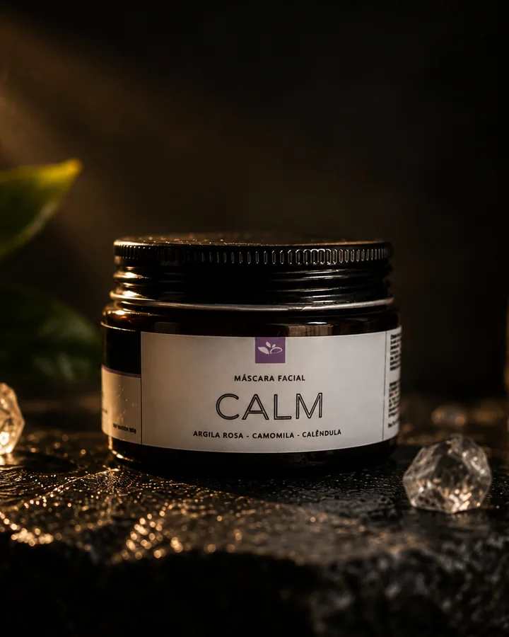 Pote da Máscara Facial Calm sobre pedra escura, entre cristais de quartzo