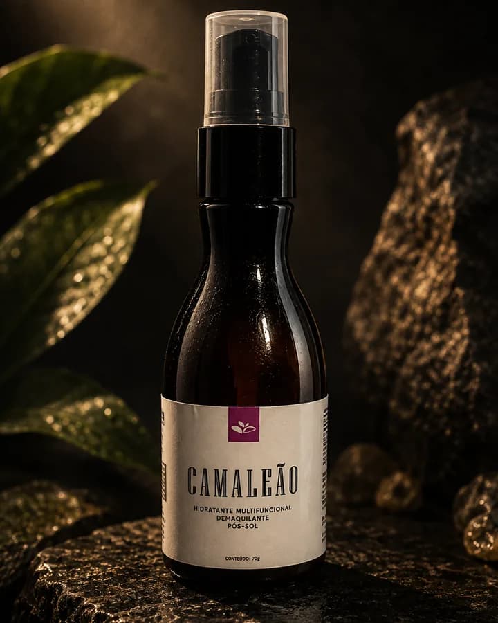 Frasco do hidratante facial Camaleão sobre pedra escura, com folhagem e luz dourada