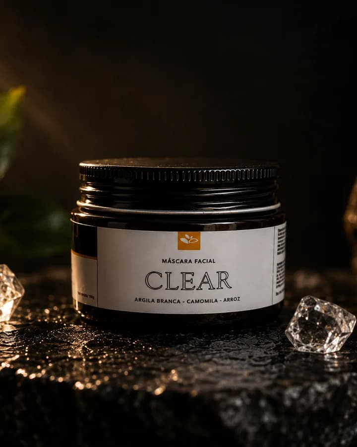 Pote da Máscara Facial Clear sobre pedra escura, entre cristais de quartzo