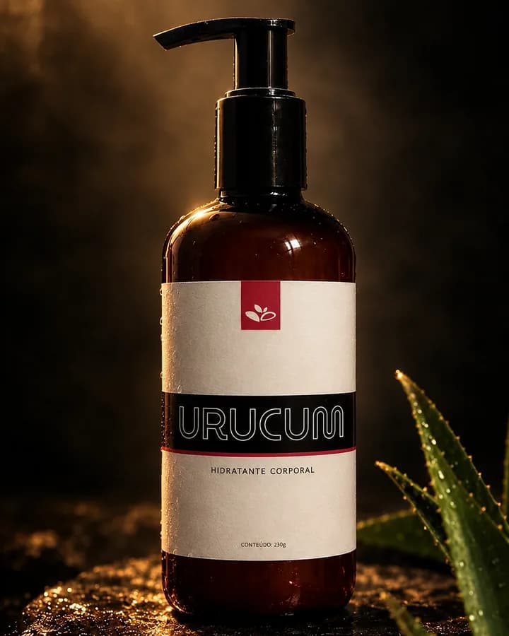 Frasco do hidratante corporal Urucum sobre pedra escura, ao lado de folhas de babosa